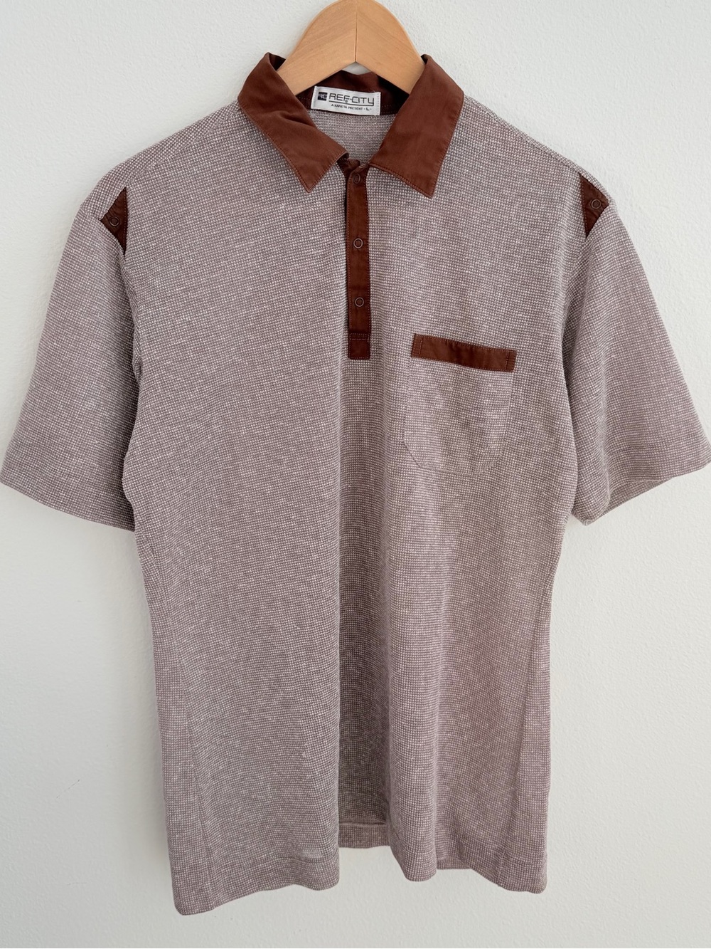 Vintage REF CITY Japan Polo Shirt Size L Linen Blend Brown Contrast Collar